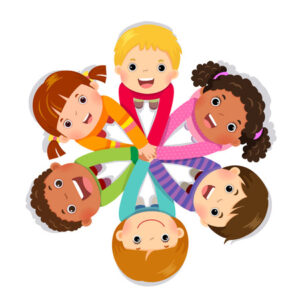 125723780 group of children putting hands together on white background