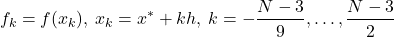 \[ f_k = f(x_k),\: x_k = x^*+kh,\: k=-\frac{N-3}{9},\dots,\frac{N-3}{2} \]