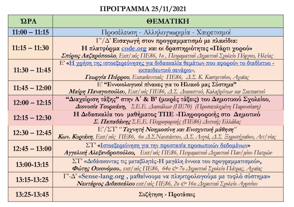 60 Πρόγραμμα ΠΑΠΑΔΑΚΗΣ 2021.11.25 Σεμινάρια ΠΕ86 Δημοτικά Δυτ Ελλάδας