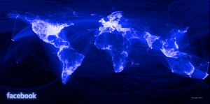 οι διασυνδέσεις (με φψτεινές γραμμές) μεταξύ των χρηστών του facebook ανά τον κόσμο